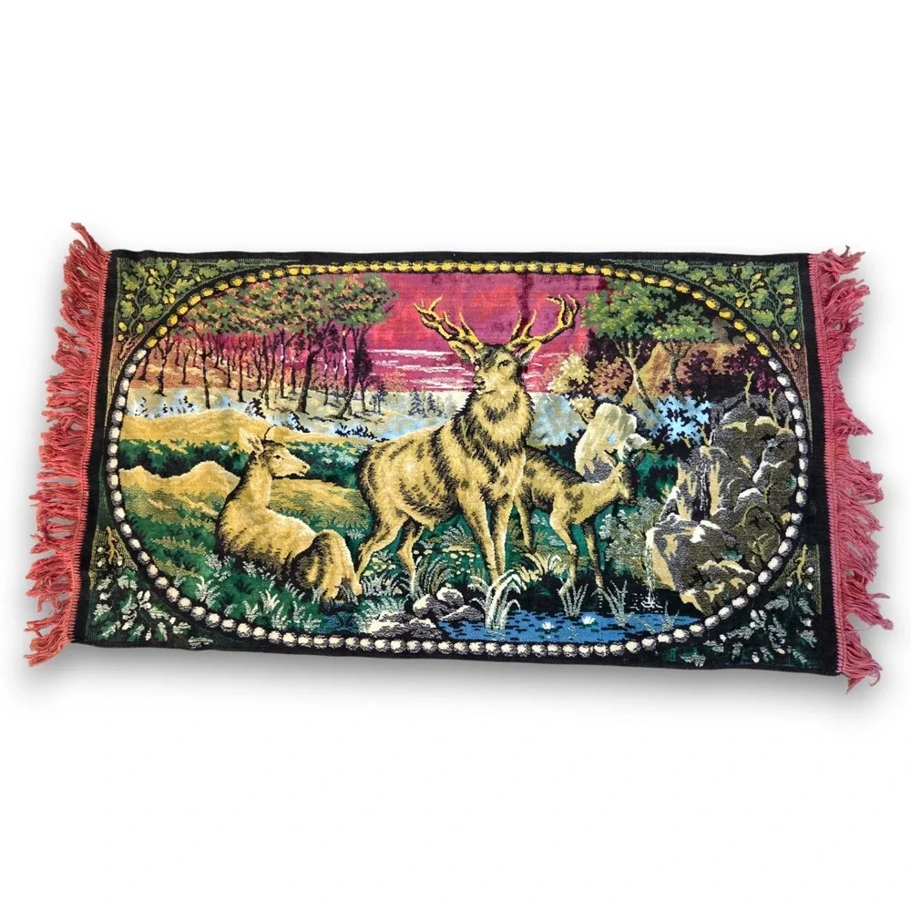Vintage 50s Italian Fringed Tapestry Rug Wall Hanging Country Scene Deer 48''